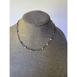 Vintage Beaded Necklace With Multicolor Gemstone Beads Sterling Silver Chain